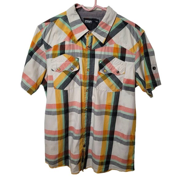Oakley Mens Multicolor Plaid Short Sleeve Button-Up Shirt With Front Pockets - Picture 1 of 12